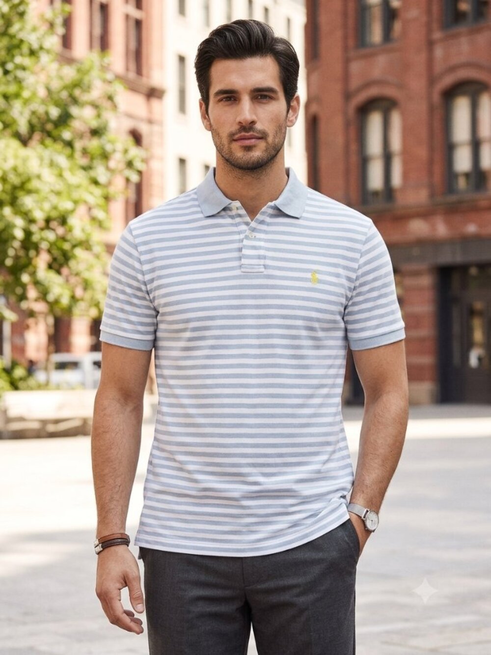 Polo‎ Ralph Lauren Custom Fit Gray/Blue White Striped Polo Shirt Size L
